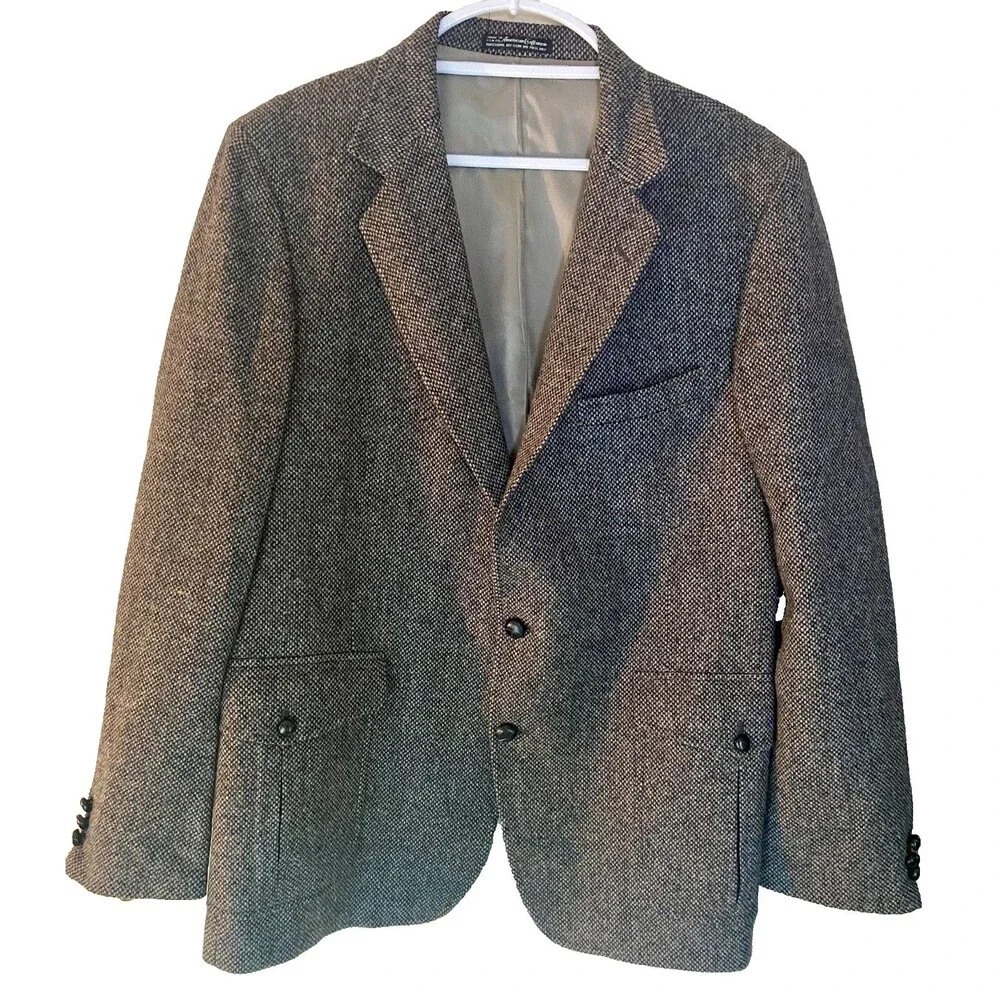Sport Coat Mens 44L Textured Tweed Vintage USA Made Brown Gray